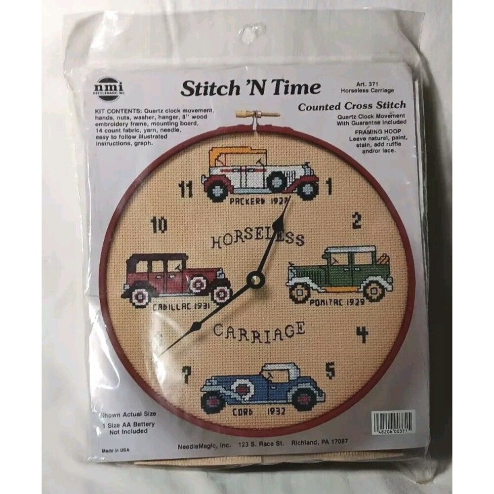 NMI Stitch 'N Time No 371 Counted Cross Stitch 8" Hoop Clock Horseless Carriage